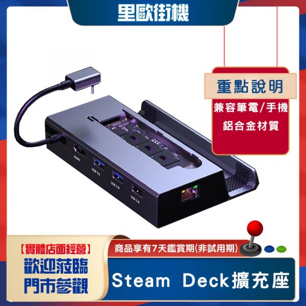 里歐街機 Steam Deck 掌機專用 7合1主機擴展底座 SSD固態硬碟擴展座 可外接SSDM2螢幕擴展底座 多功能支架座 基座 即插即用 HDMI Typec USB3.0 RJ45 