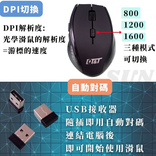 2.4GHz無線滑鼠 6多工按鈕 滑鼠,無線滑鼠,2.4GHz滑鼠,1600dpi,6多工按鍵,10M距離,Win10,USB隨插即用,光學感應