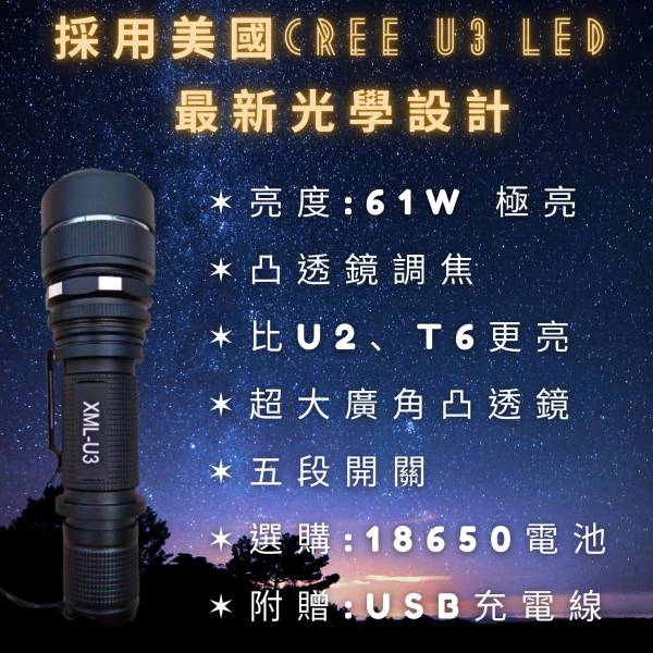 61W 內充Micro LED手電筒 現貨,TW焊馬,U3,LED,手電筒,內充式,Micro,插孔,USB,充電,亮度,照明,光學,線,電池