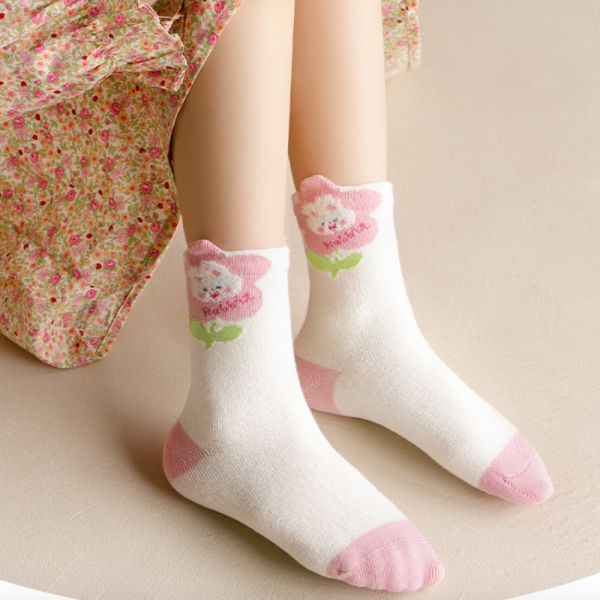 粉色系 花花小兔子中筒襪-一組五雙 