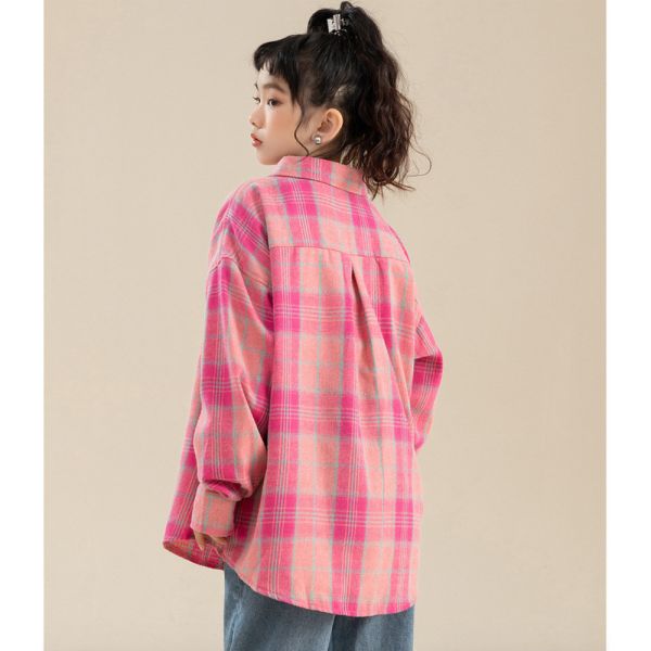 粉色系格紋襯衫 可當薄外套-共一色 