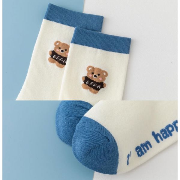 /大人/可愛小熊 藍色系中筒襪-一組五雙 