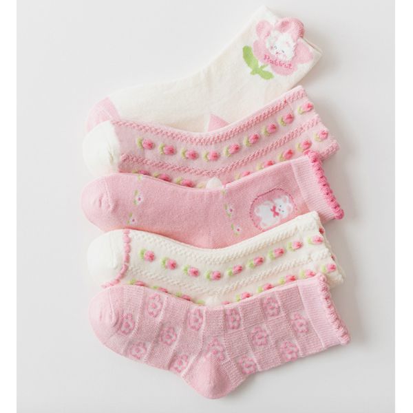 粉色系 花花小兔子中筒襪-一組五雙 