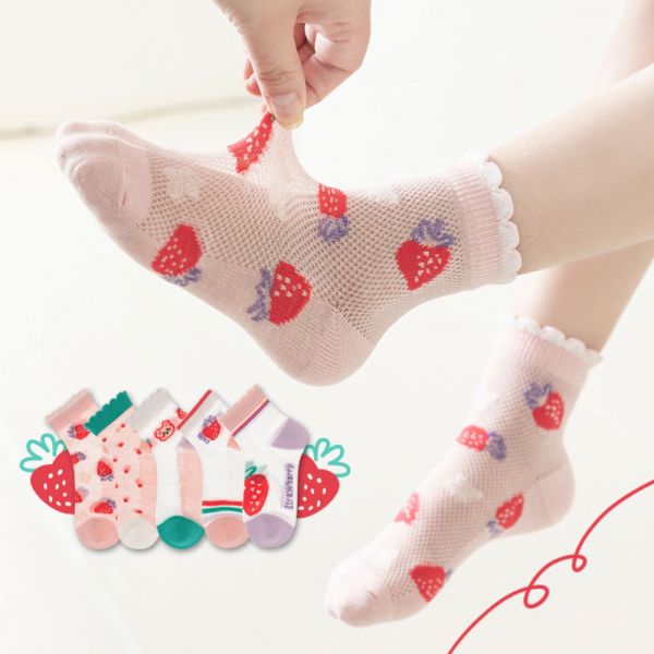 /透氣童襪/草莓小熊網眼短襪-一組五雙 