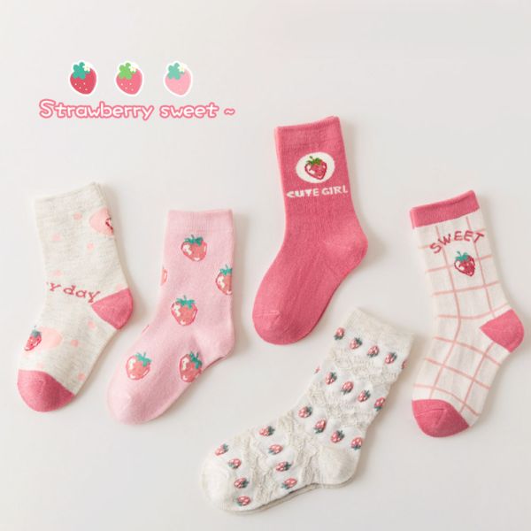 可口草莓中筒襪-一組五雙 