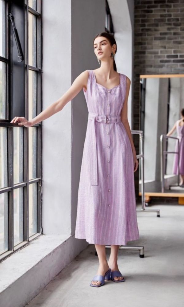 粉紫金蔥條紋洋裝(附本布腰帶) 