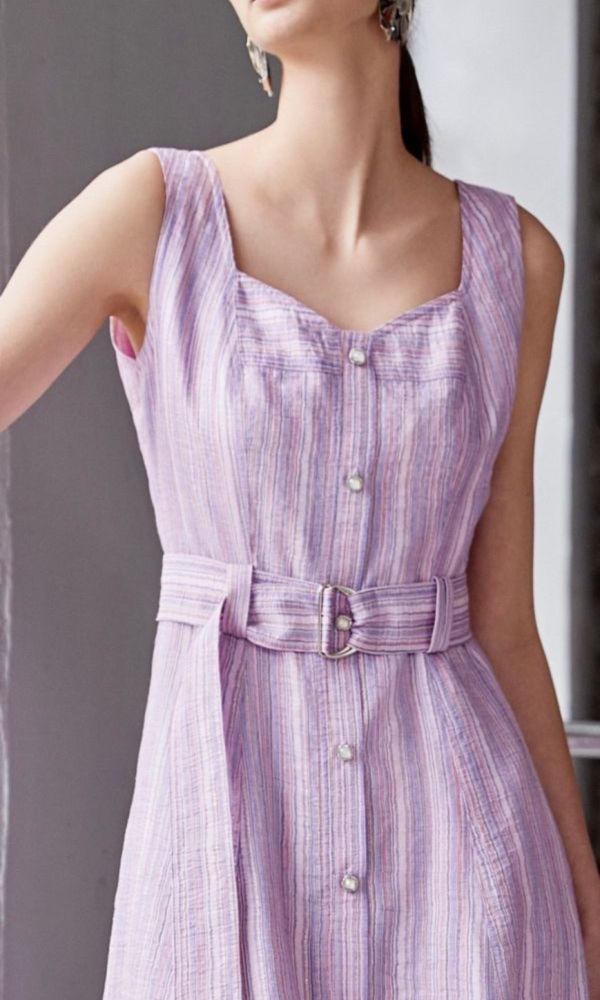 粉紫金蔥條紋洋裝(附本布腰帶) 