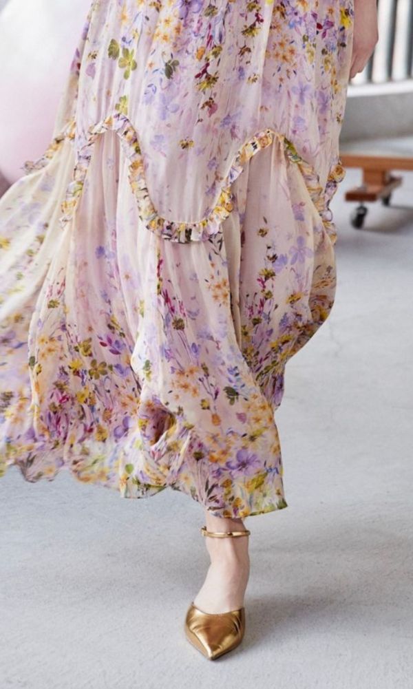 優雅黃紫花卉長洋裝 