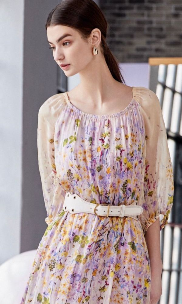 優雅黃紫花卉長洋裝 