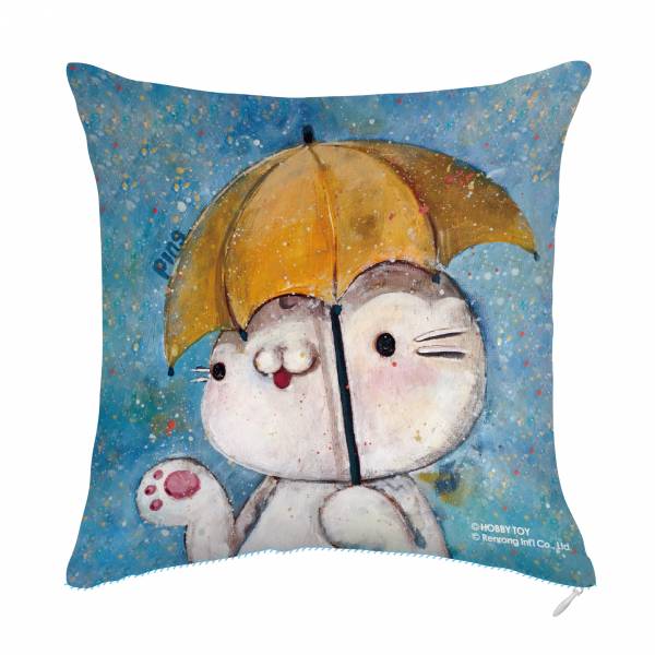 HOBBY TOY 麻吉貓 方形抱枕 雨中撐傘 