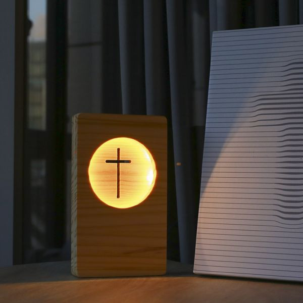 十字架木紋夜燈-淺色-升級充電款 