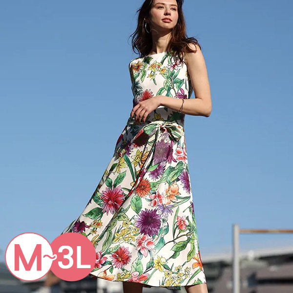 日本代購-明亮花卉綁帶無袖洋裝(M-3L) 日本代購,無袖,洋裝