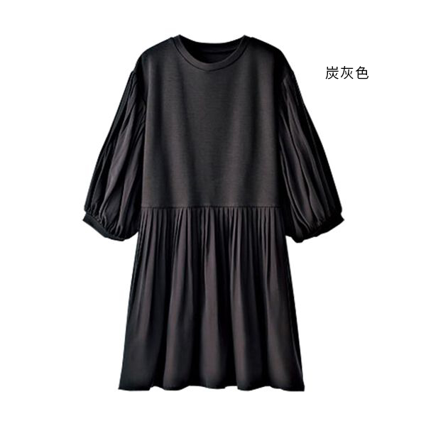 日本代購-異材質拼接打褶長版上衣(共三色/3L-5L) 日本代購,拼接,打褶,長版