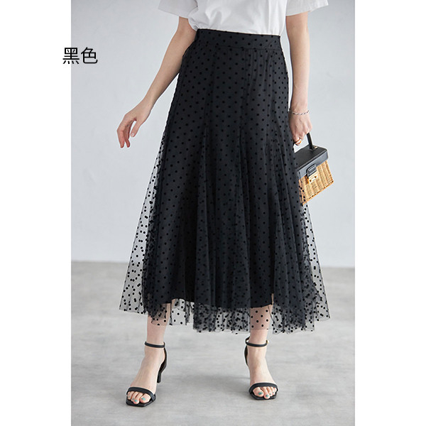 日本代購-優雅植絨圓點水玉薄紗裙(共三色) 植絨,圓點,紗裙,長裙