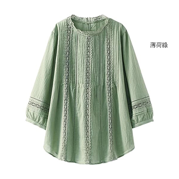 日本代購-純棉蕾絲細褶襯衫(共四色/3L-5L) 日本代購,純棉,蕾絲
