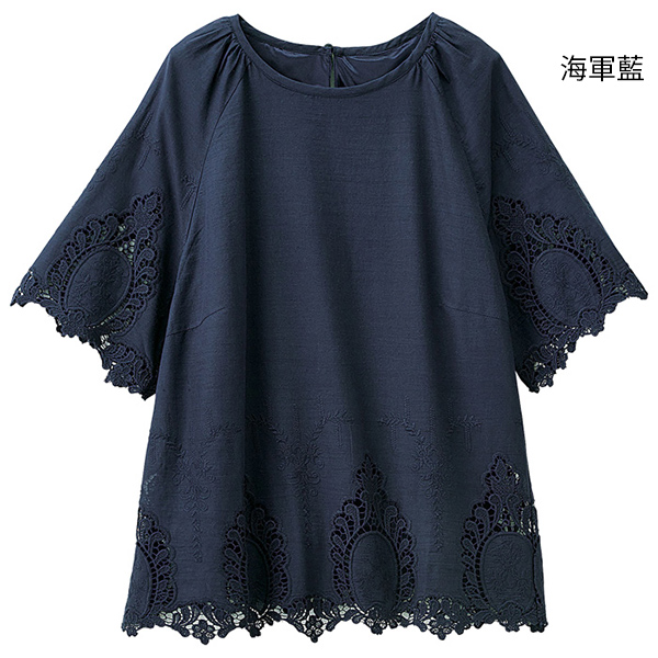 日本代購-涼感襯裡刺繡上衣(共二色/M-3L) 日本代購,涼感,刺繡,蕾絲