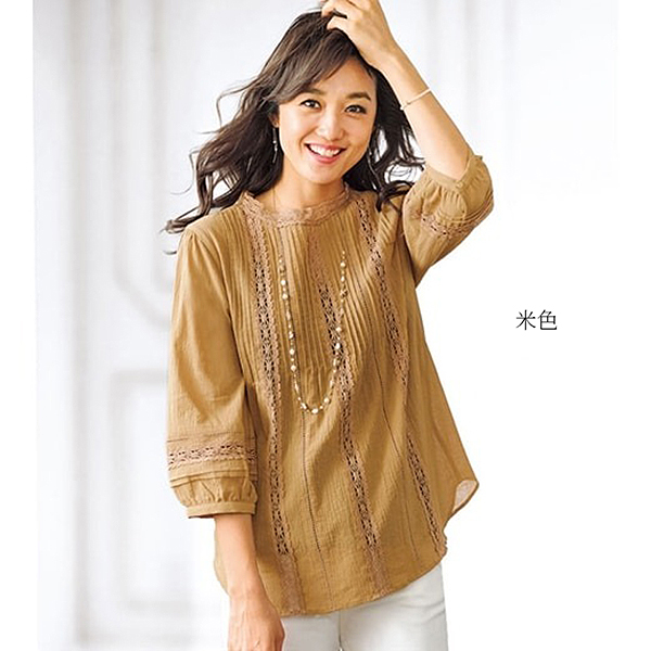 日本代購-純棉蕾絲細褶襯衫(共四色/M-LL) 日本代購,純棉,蕾絲