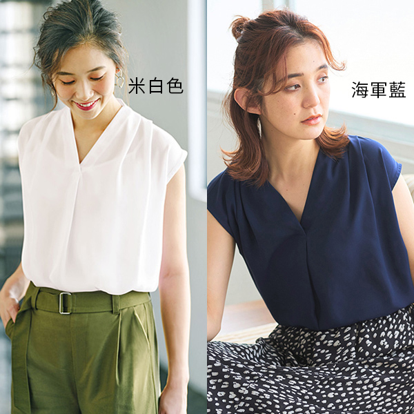 日本代購-V領打褶設計襯衫-法式袖(素色款/3L-5L) 日本代購,V領,襯衫