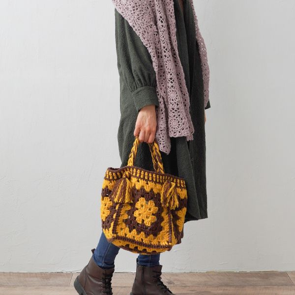 日本Hará Wool 材料包 -暖橙可可，モチーフつなぎの大きめバッグ 