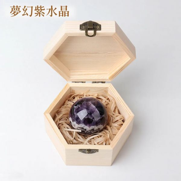天然水晶球六角木盒 消磁木盒+100g白水晶碎石 