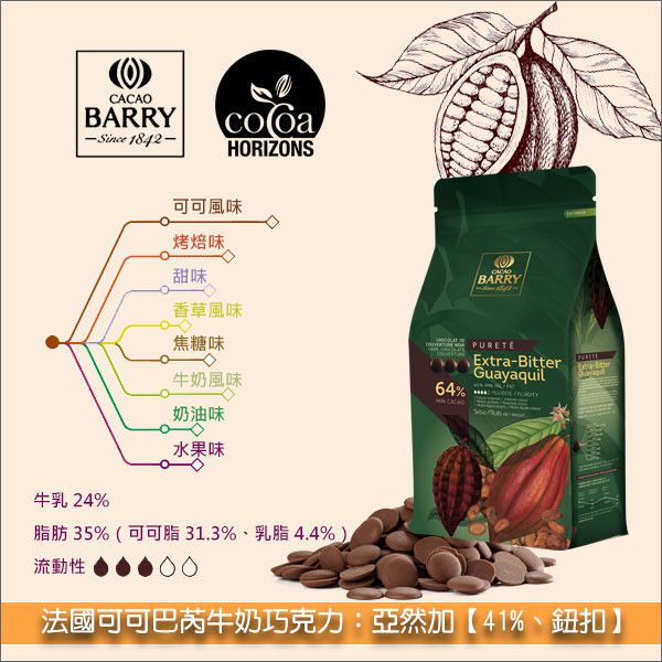 《分裝》法國可可巴芮 Cacao Barry 牛奶巧克力：亞然加【41%】 甘納許,慕斯,巧克力飲品