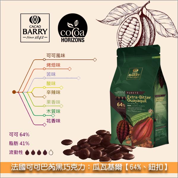 法國可可巴芮 Cacao Barry黑巧克力：瓜瓦基爾【64%】5kg 甘納許,模具成形,披覆