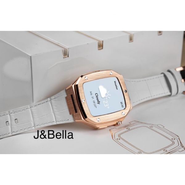 Apple Watch 44mm 手錶殼(玫瑰金-白色牛皮錶帶) Apple Watch手錶殼,Apple Watch不鏽鋼殼,Apple Watch錶殼,Apple Watch保護殼,Apple Watch錶帶