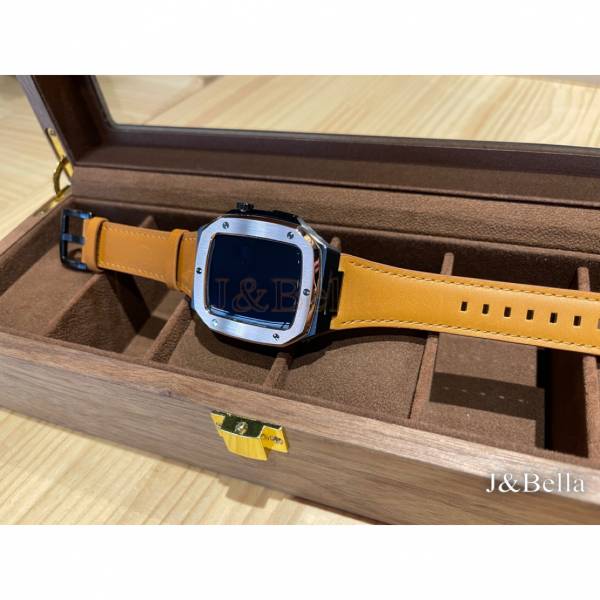 Apple Watch 44mm 手錶殼(黑色-玫瑰金框-棕色牛皮錶帶) Apple Watch手錶殼,Apple Watch不鏽鋼殼,Apple Watch錶殼,Apple Watch保護殼,Apple Watch錶帶