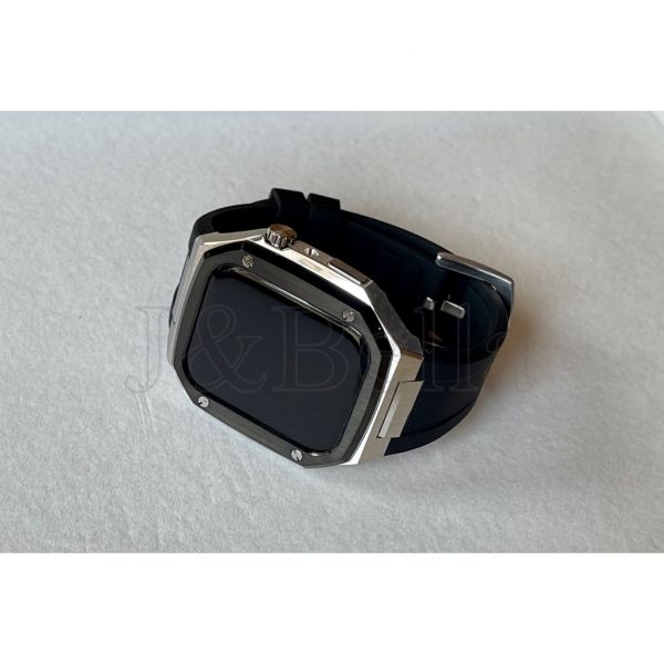 Apple Watch 40mm、41mm、45mm 手錶殼(銀色黑框-黑色橡膠錶帶) Apple Watch手錶殼,Apple Watch不鏽鋼殼,Apple Watch錶殼,Apple Watch保護殼,Apple Watch錶帶