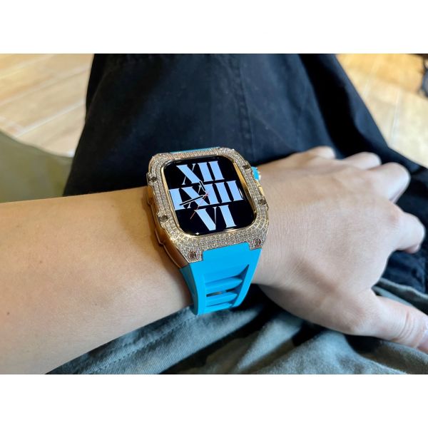 Apple Watch RSC-D 44mm、45mm 玫瑰金鑲鋯石不鏽鋼手錶殼(邁阿密藍錶冠+邁阿密藍橡膠錶帶) Apple Watch手錶殼,Apple Watch不鏽鋼殼,Apple Watch錶殼,Apple Watch保護殼,Apple Watch錶帶