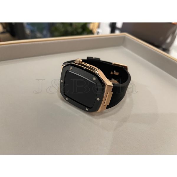 Apple Watch 44mm 手錶殼(玫瑰金黑框-橡膠表帶) Apple Watch手錶殼,Apple Watch不鏽鋼殼,Apple Watch錶殼,Apple Watch保護殼,Apple Watch錶帶