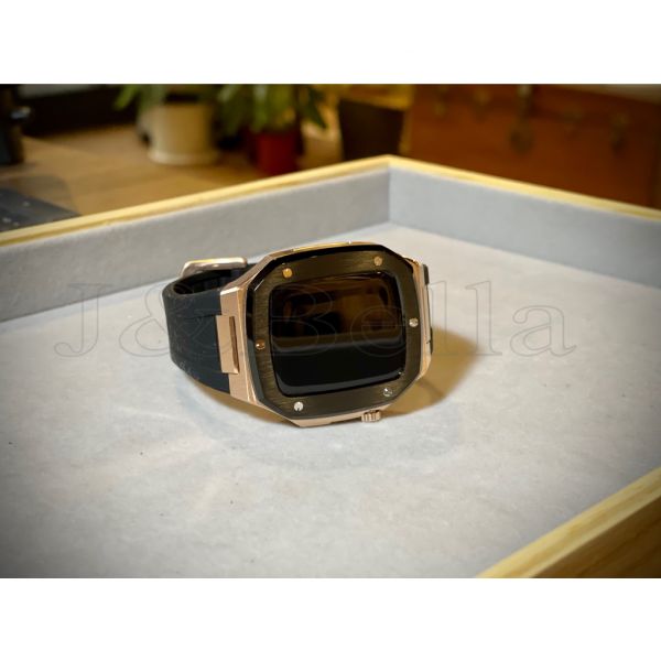 Apple Watch 44mm 手錶殼(玫瑰金黑框-橡膠表帶) Apple Watch手錶殼,Apple Watch不鏽鋼殼,Apple Watch錶殼,Apple Watch保護殼,Apple Watch錶帶