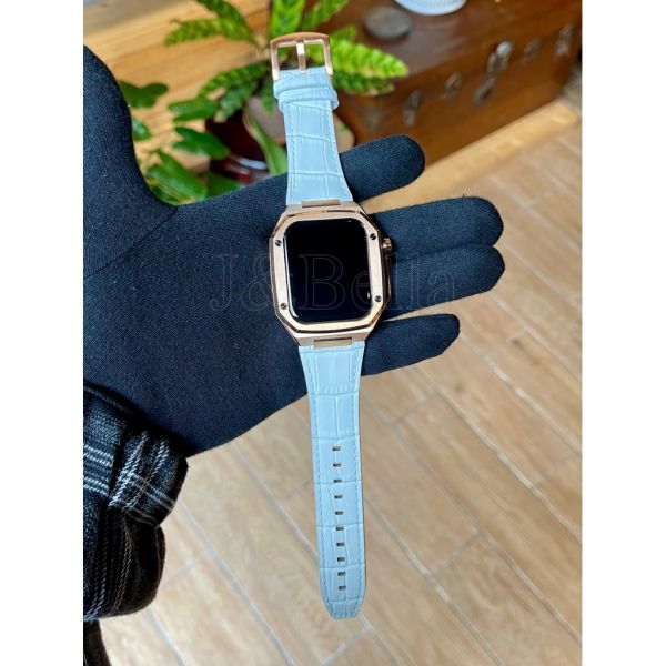 Apple Watch 40mm、41mm、45mm 手錶殼(玫瑰金-白色牛皮錶帶) Apple Watch手錶殼,Apple Watch不鏽鋼殼,Apple Watch錶殼,Apple Watch保護殼,Apple Watch錶帶