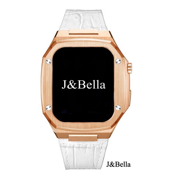 Apple Watch 40mm、41mm、45mm 手錶殼(玫瑰金-白色牛皮錶帶) Apple Watch手錶殼,Apple Watch不鏽鋼殼,Apple Watch錶殼,Apple Watch保護殼,Apple Watch錶帶