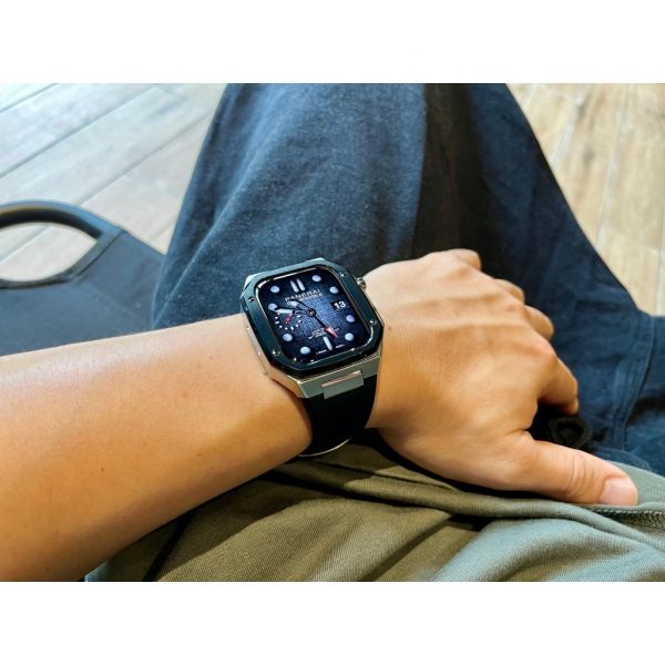 Apple Watch 40mm、41mm、45mm 手錶殼(銀色黑框-黑色橡膠錶帶) Apple Watch手錶殼,Apple Watch不鏽鋼殼,Apple Watch錶殼,Apple Watch保護殼,Apple Watch錶帶