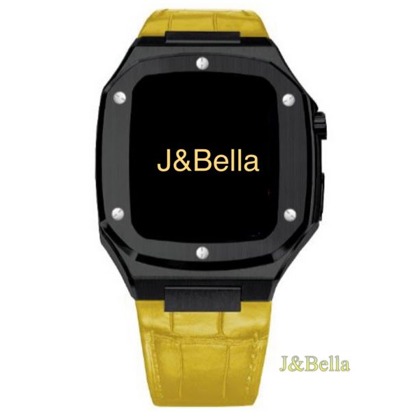 Apple Watch 44mm 手錶殼(黑色-黃色牛皮錶帶) Apple Watch手錶殼,Apple Watch不鏽鋼殼,Apple Watch錶殼,Apple Watch保護殼,Apple Watch錶帶