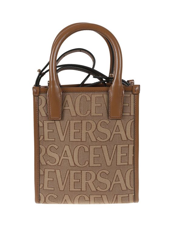 Versace Allover 緹花圖案和皮革飾邊迷你托特包  雪茄棕 