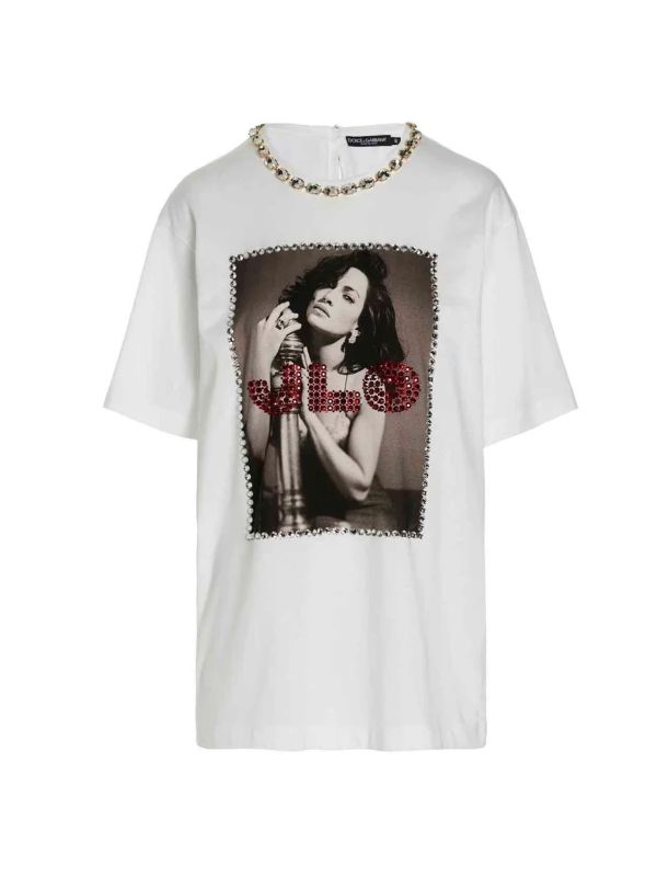 Dolce & Gabbana 女款水鑽裝飾J.Lo短袖長版棉 T    IT 40 S 