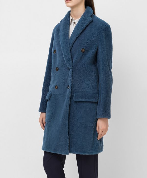 Brunello Cucinelli  喀什米爾之王 女款羔羊皮雙排釦短外套大衣  IT 38XS 孔雀藍 