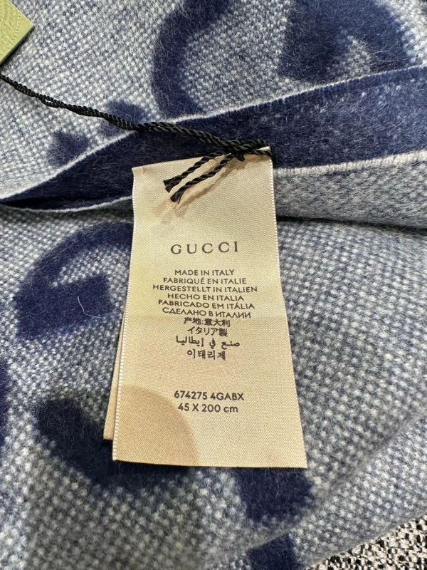 Gucci 674275 GG 羊絨喀什米爾緹花圍巾  灰色/藍色 