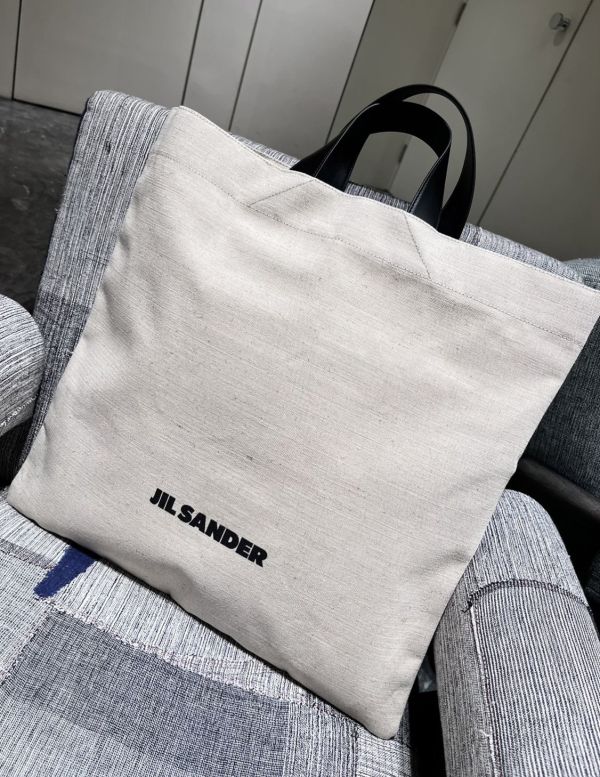 Jil Sander 皮革手柄的方形棉質書袋包/購物包 JIL SANDER