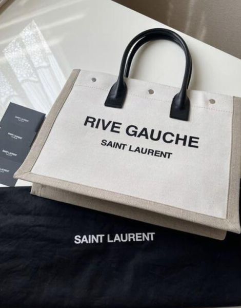 Saint Laurent 499290 YSL Rive Gauche 亞麻和皮革帆布托特包 