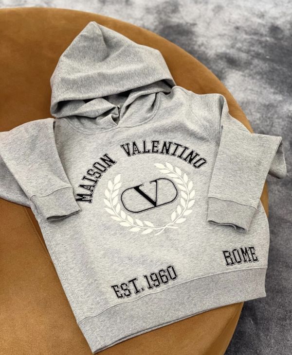 Valentino 男款/中性灰色徽標連帽棉質運動衫/上衣   灰色 M/L/XL 