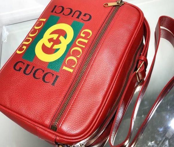 Gucci 523589 Logo 圖紋印刷信使郵差斜背包 紅色 