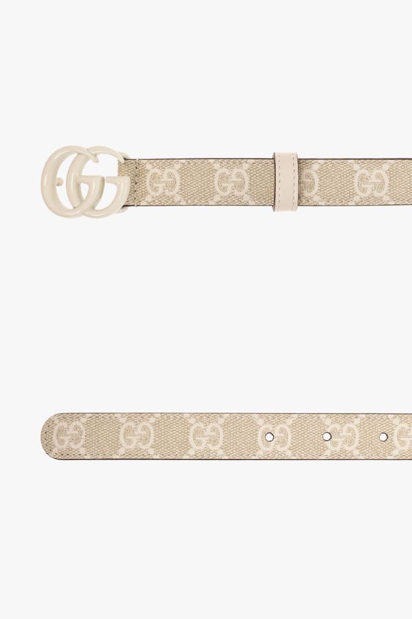 Gucci 409417 雙G陶瓷飾面GG 窄版2公分腰帶  米色及白色  80公分/85公分 