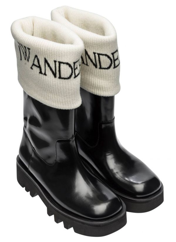 J.W.Anderson 女款羅紋針織襪飾小牛皮短靴 黑色  IT41 