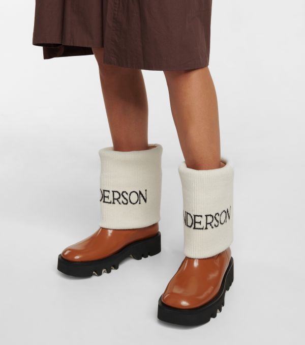 J.W.Anderson 女款羅紋針織襪飾小牛皮短靴 棕色  IT39/39.5/41 