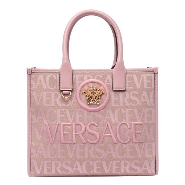 Versace Allover 緹花圖案和皮革飾邊小款托特包  粉色 