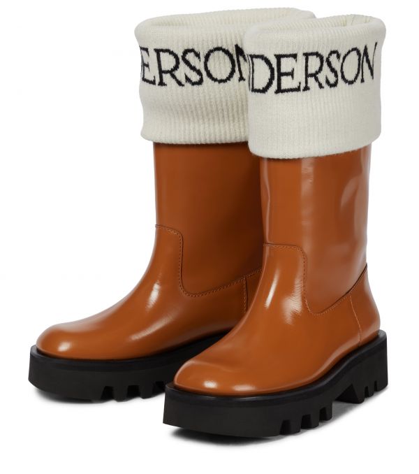 J.W.Anderson 女款羅紋針織襪飾小牛皮短靴 棕色  IT39/39.5/41 