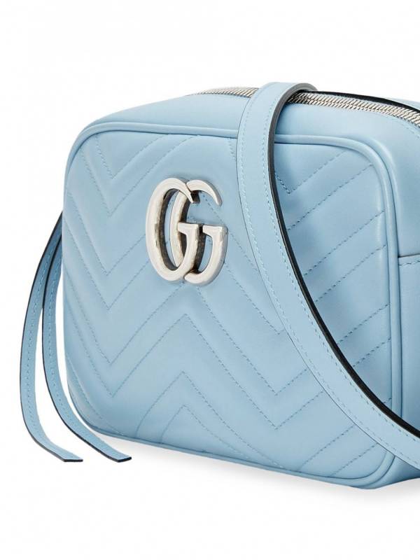 Gucci GG Marmont 447632 中款小牛皮相機包 淺藍色 